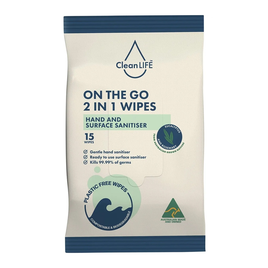 CLEANLIFE | 2 In 1 Plastic Free Wipes Hand and Surface Sanitiser 15pk