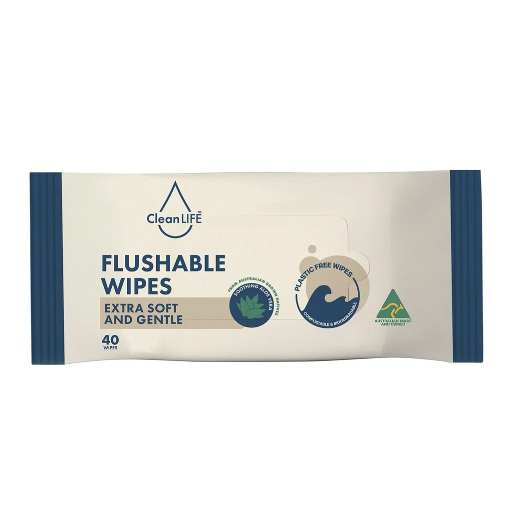 CLEANLIFE | Flushable Plastic Free Wipes Extra Soft and Gentle 40pk