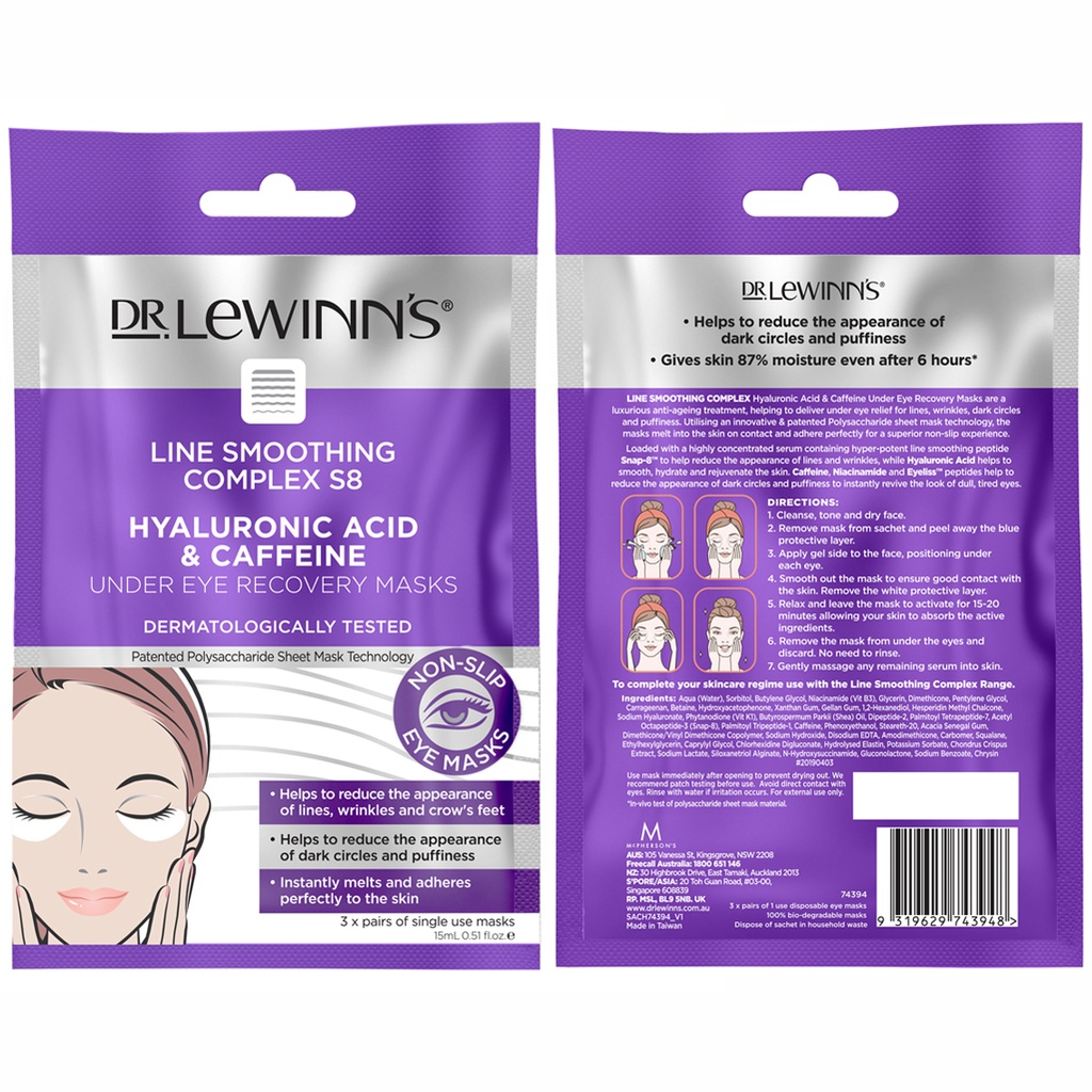 DR. LEWINN'S | Line Smoothing Complex Hyaluronic Acid & Caffeine Under Eye Recovery Masks, a pack of 3 pairs