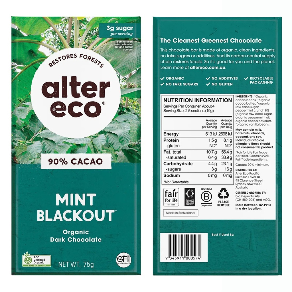 ALTER ECO | Chocolate Organic Dark Mint Blackout 75g