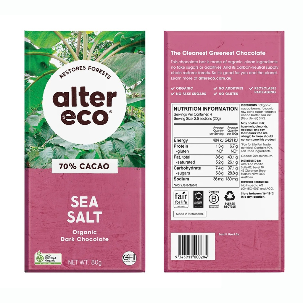 ALTER ECO | Chocolate Organic Dark Sea Salt 80g