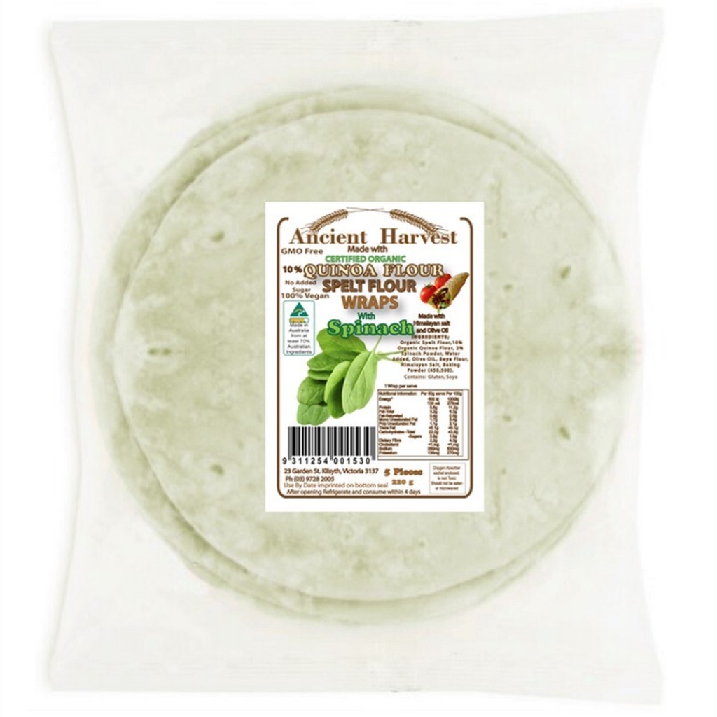 ANCIENT HARVEST | Organic Quinoa Spelt Flour Spinach Wraps 220g