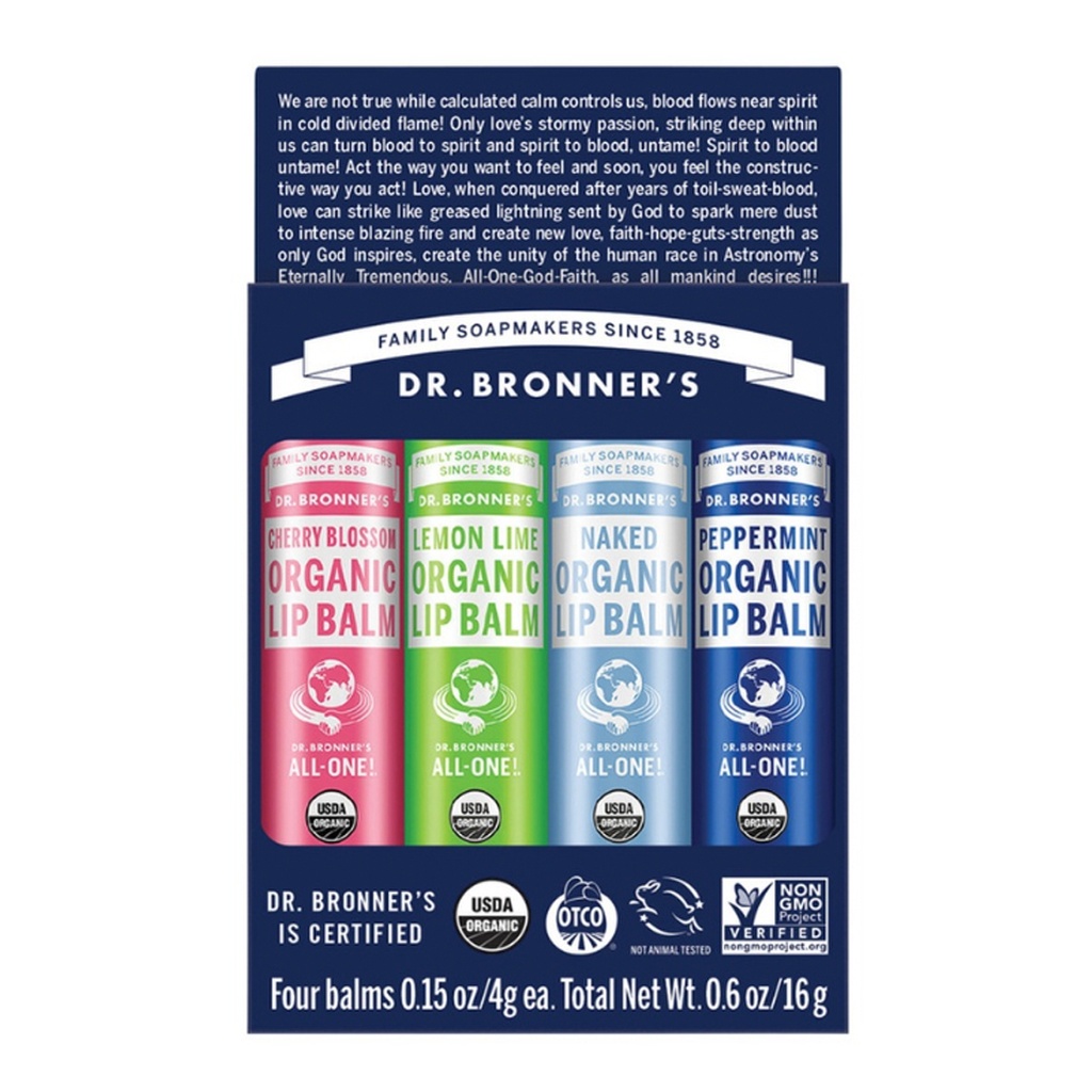 Dr. Bronner's | 有機護唇膏 4克 x 4支裝（含：櫻花、檸檬青檸、無香、薄荷）