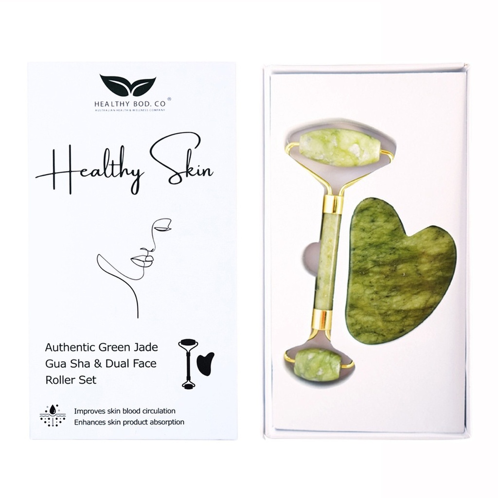 HEALTHY BOD. CO | 健康肌肤真品绿玉石刮痧板与双面滚轮套装