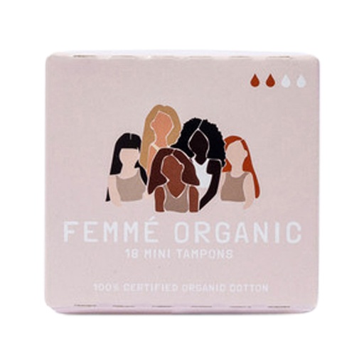 FEMME ORGANIC | Organic Cotton Tampons Mini, Pack of 18 Packs