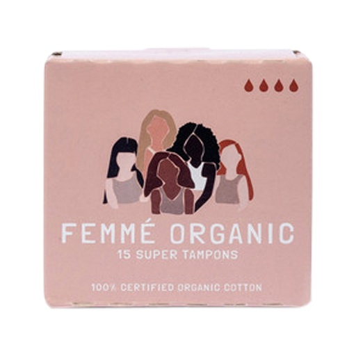 FEMME ORGANIC | Organic Cotton Tampons Super, Pack of 15 Packs