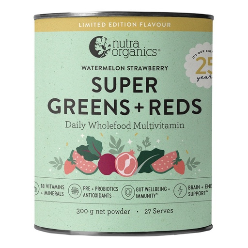 NUTRA ORGANICS | Organic Super Greens + Reds (Wholefood Multivitamin) Watermelon Strawberry 300g