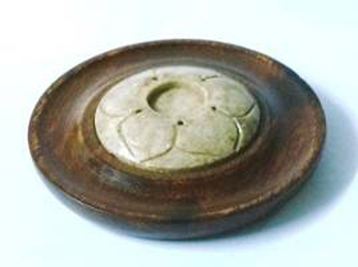 INCENSE STICK & CONE HOLDER Wooden Round w CARVED SOAPSTONE 10cm