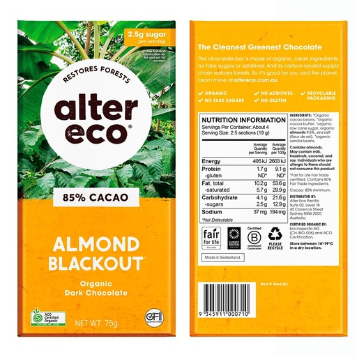 ALTER ECO | Chocolate Organic Dark Almonds Blackout 75g