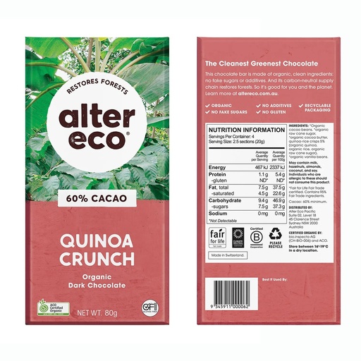 ALTER ECO | Chocolate Organic Dark Quinoa Crunch 80g