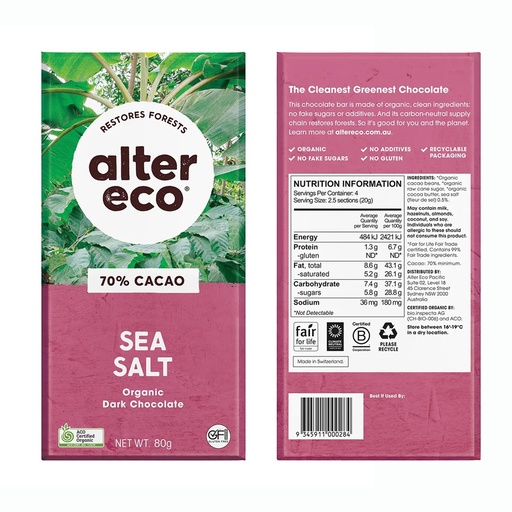 ALTER ECO | Chocolate Organic Dark Sea Salt 80g