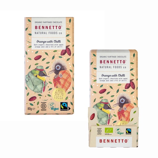 BENNETTO | 有機黑巧克力橙味與辣椒 80克