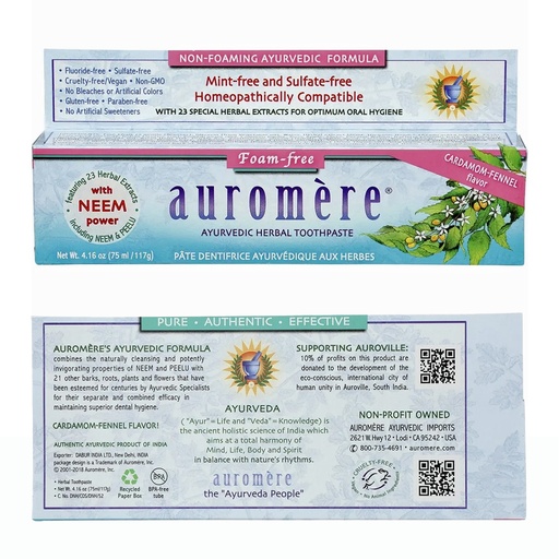 AUROMERE | Toothpaste Ayurvedic Cardamom Fennel Fluoride Free 117g