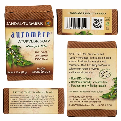AUROMERE | Neem Soap Ayurvedic Sandal Turmeric 78g
