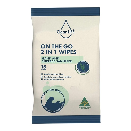 CLEANLIFE | 2 In 1 Plastic Free Wipes Hand and Surface Sanitiser 15pk